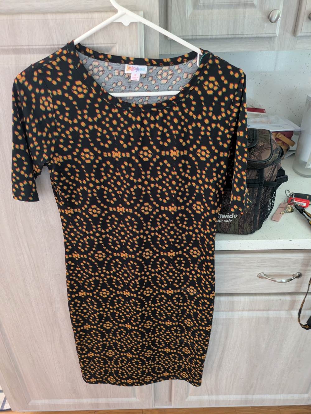 LuLaRoe Black Dress with Orange Dot Halo Pattern